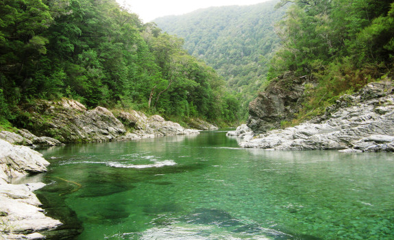 A river with rocky outcroppings along the bank.